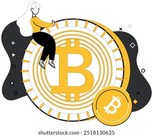 Ilustración vectorial de comercio de Bitcoin. El intercambio, la alquimia, transforma lo mundano en un reino extraordinario en el comercio de Bitcoin Finanzas y economía, destinos entrelazados, bailan en armonía como Bitcoin