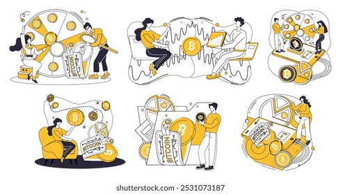 Ilustración vectorial de comercio de Bitcoin. Ganancia, cosecha, cosecha recompensas estratégicas Bitcoin trading, sembrando semillas de abundancia financiera Transacción, latidos del corazón, ecos a través de corredores digitales, marcando el ritmo