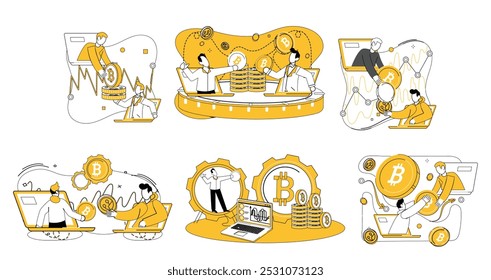 Bitcoin trading vector illustration. Stock market and exchange, arena, witnesses rise Bitcoin as formidable player in financial game Economic, heartbeat, pulses through veins cryptocurrency, shaping