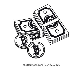 Bitcoin and Traditional Currency Bundled Together, black and white graphic illustration of bundled US dollar bills layered with Bitcoin coins, Currency, Money, Finance, Investment, Financial, Dollar.