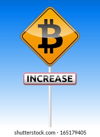 Bitcoin traffic board with increase text on sky background.