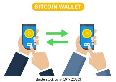 Bitcoin transaction concept. Buying cryptocurrency using smartphone wallet. Vector illustration