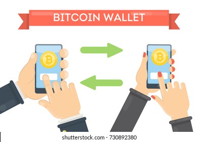 Bitcoin transaction concept. Buying cryptocurrency using smartphone.