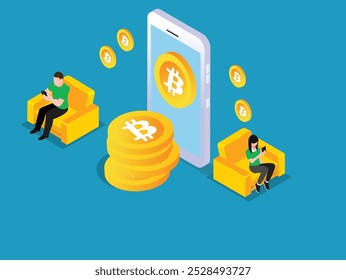 Transacción de Bitcoin y Ilustración vectorial isométrica de intercambio de criptomonedas móviles en 3D