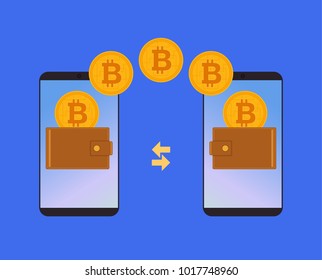 Bitcoin transaction from phone to phone. Electronic web wallet. Crypto currency concept. Vector flat cartoon illustration