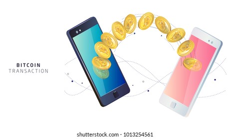 Bitcoin transaction. Smartphones. Cryptocurrency. Vector isometric illustration.