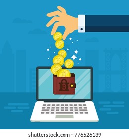 Bitcoin transaction and trading concept using smartphone. Flat vector illustration