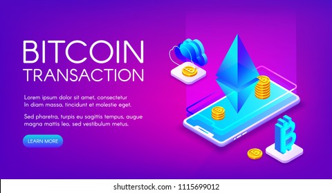 Bitcoin transaction vector illustration of cryptocurrency trade and exchange on smartphone ethereum platform. Crypto currency business and bit coin payment technology on purple ultraviolet background