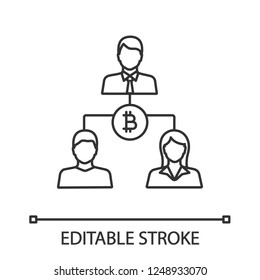 Bitcoin transactions linear icon. Banking. Thin line illustration. Financial operations. Investors. Refund. Financial cooperation. Joint stock company. Vector isolated drawing. Editable stroke