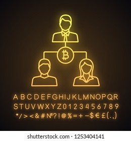 Bitcoin transactions neon light icon. Banking. Cryptocurrency financial operations. Investors. Financial cooperation. Joint stock company. Glowing alphabet, numbers. Vector isolated illustration
