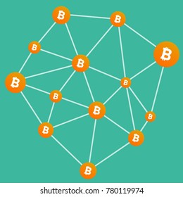Bitcoin transfer blockchain Vector flat illustration cryptocurrency technology 
