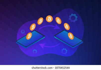 Transferencia de bitcoin del concepto de intercambio digital de dinero criptodivisa. Enviando bitcoin de la cartera móvil a otro smartphone. Ilustración bancaria móvil. Transacción de Btc con tecnología de blockchain