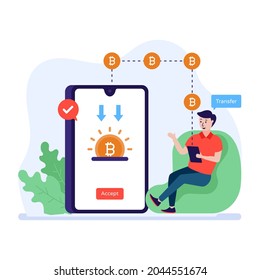 Ilustración plana de transferencia de bitcoin, aplicación de intercambio en línea