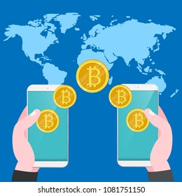 Bitcoin transfer Hand holds smart phone with send bitcoins into mobile phone isolated Vector modern flat illustration cryptocurrency