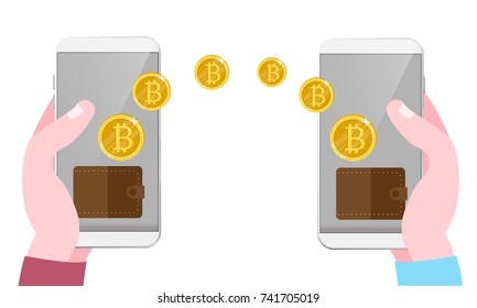 Bitcoin transfer Hand holds smart phone with send bitcoins into mobile phone isolated on white background Vector modern flat illustration cryptocurrency technology 