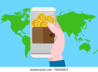 Bitcoin transfer Hand holds smart phone with send bitcoins into mobile phone isolated on world map Vector modern flat illustration cryptocurrency technology 