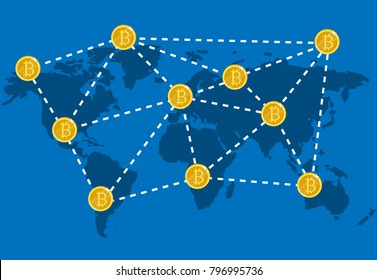 Bitcoin transfer isolated on world map Vector modern flat illustration cryptocurrency technology 