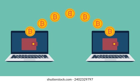 Bitcoin Transfer Platform on Laptop with Digital Wallet Concept, Flat Vector Illustration Design