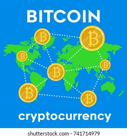 Bitcoin transfer universal on world map Vector flat illustration cryptocurrency technology with blue background