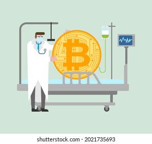 Bitcoin treatment. Cryptocurrency rests on medical bed.