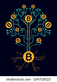 Bitcoin tree with electronic circuit. Crypto currency mining concept vector illustration