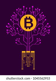 Bitcoin tree growing with electronic circuit. Crypto currency mining concept vector illustration