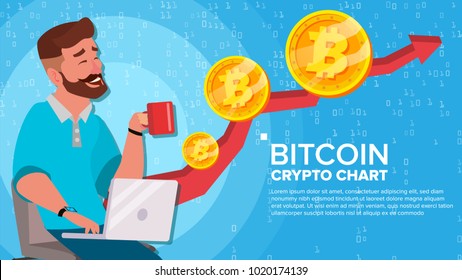 Bitcoin Up Trend, Growth Concept Vector. Trade Chart. Virtual Money Happy Man Investor. Crypto Currency Market Concept. Flat Cartoon Illustration