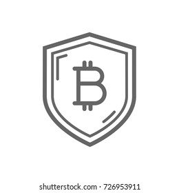 Bitcoin trust symbol on the shield line icon. Cryptocurrency bitcoin trust and security concept. Linear vector icon isolated on white transparent background.