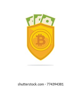 Bitcoin trust symbol on the shield line icon. Sticking out from behind the shield of banknotes dollars. Cryptocurrency bitcoin trust and security concept. Flat vector icon.