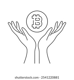 bitcoin in two hands symbol logo icon outline vector design isolated white background