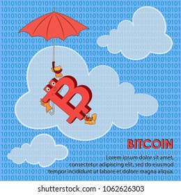 BITCOIN with an umbrella floats on the cloud. Poster with space for text. Digital currency. Cryptocurrency sign and inscription on a light blue background. Illustration of financial technology.  