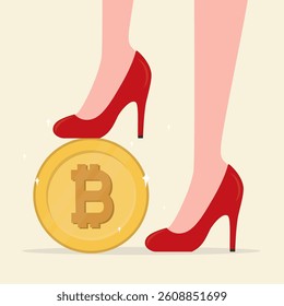 Bitcoin under businesswoman legs. Confident woman investor controls cryptocurrency market, making money and profit. Profitable investments in nft or blockchain technology. flat vector illustration