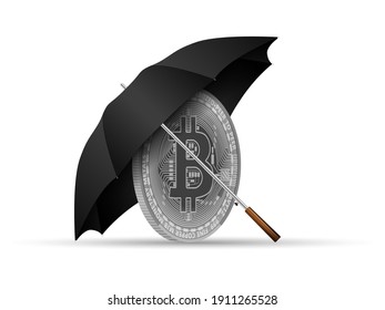 Bitcoin under umbrella on a white background.