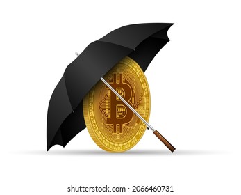 Bitcoin under umbrella on a white background.