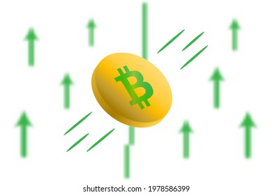Bitcoin up. Green arrow up with gaussian blur effect background. Bitcoin market price soaring. Green chart rise up