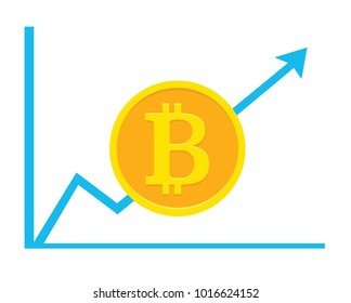 Bitcoin up. The icon for internet money. Blockchain-based secure bit coin crypto currency. Symbol digital currency. Coin cryptocurrency. Isolated vector illustration on white background. 