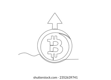Un Bitcoin y una flecha hacia arriba. Dibujo de una línea de bitcoin