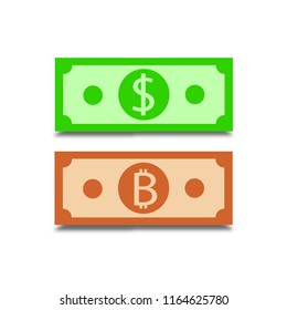 Bitcoin and us dollar bank note on isolated white background