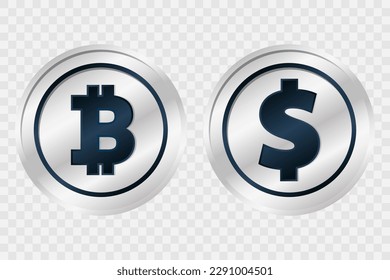 Señal de bitcoin y dólar estadounidense. Ilustración vectorial aislada. Tecnología Blockchain, símbolo criptodivisa. Icono de dinero virtual para empresas, finanzas, comercio global digital, pago