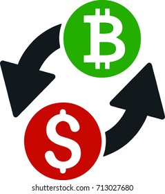 Bitcoin to USD dollar crypto currency Exchange. Glyph style is flat iconic symbol with rounded angles, white background. Blockchain based secure cryptocurrency. Isolated vector illustration.