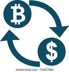 Bitcoin to USD dollar crypto currency Exchange. Glyph style is flat iconic symbol with rounded angles, white background. Blockchain based secure cryptocurrency. Isolated vector illustration.