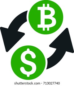 Bitcoin to USD dollar crypto currency Exchange. Glyph style is flat iconic symbol with rounded angles, white background. Blockchain based secure cryptocurrency. Isolated vector illustration.