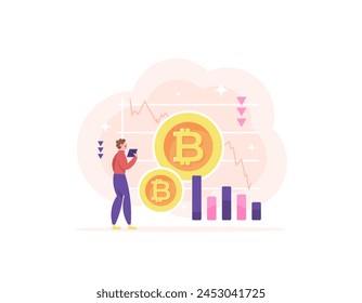 Bitcoin value continues to decline. a male trader was shocked and panicked because the value of bitcoin was falling. problems with bitcoin investment and crypto trading. crypto currency. illustration 
