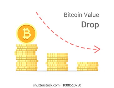 Bitcoin value drop concept illustration isolated on white background. Stacks of gold vector flat coins