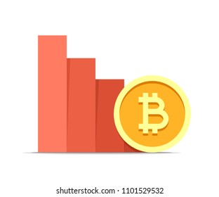 Bitcoin value drop concept illustration isolated on white background. Vector flat cryptocurrency coin