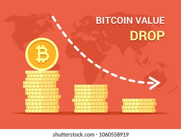 Bitcoin value drop down concept illustration. Stacks of gold vector flat coins svg