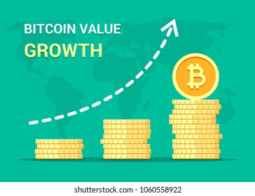 Bitcoin value growth concept illustration. Stacks of gold vector flat coins