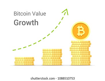 Bitcoin value growth concept illustration isolated on white background. Stacks of gold vector flat coins