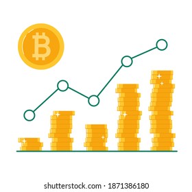 Bitcoin value growth graph. Blockchain technologies, altcoins, digital money market, coins of cryptocurrency. Vector illustration isolated on white background.