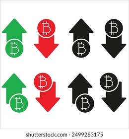 Bitcoin value increase and decrease icon in color and black isolated. Up and down arrow symbol. Profit and lose crypto vector icons. Bull and bear market icons cryptocurrency.